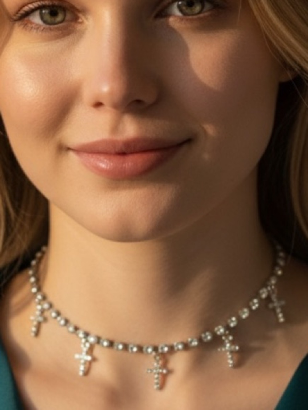 Silver Cross Choker Necklace With Bling Studs 🆕 - Picture 2 of 3